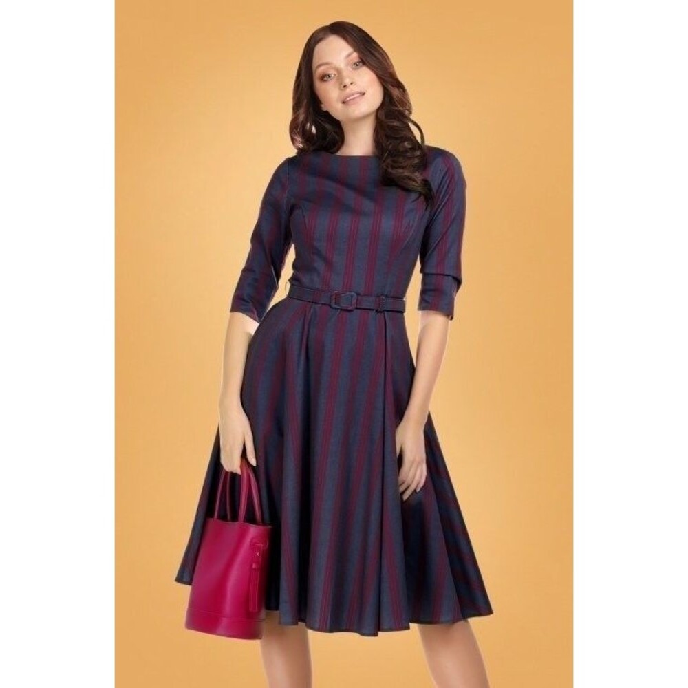 Collectif London Suzanne Triplet Stripes Swing Dress Navy Burgundy 2XL UK 18 NWT